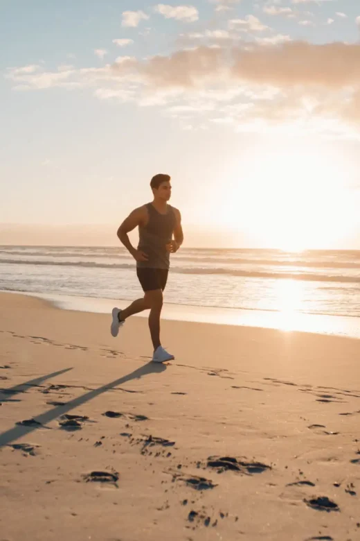 Young man training on the beach in morning. Young man on morning run outdoors