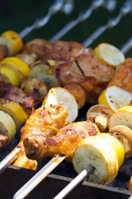 photo of chicken and vegetables on squewers
