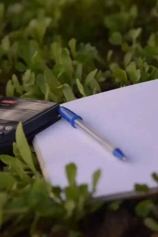 photo of a calculator, pen and notebook in the grass