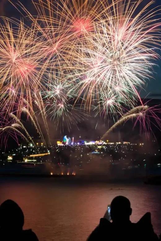 photo of two people celebrating new year watching fireworks