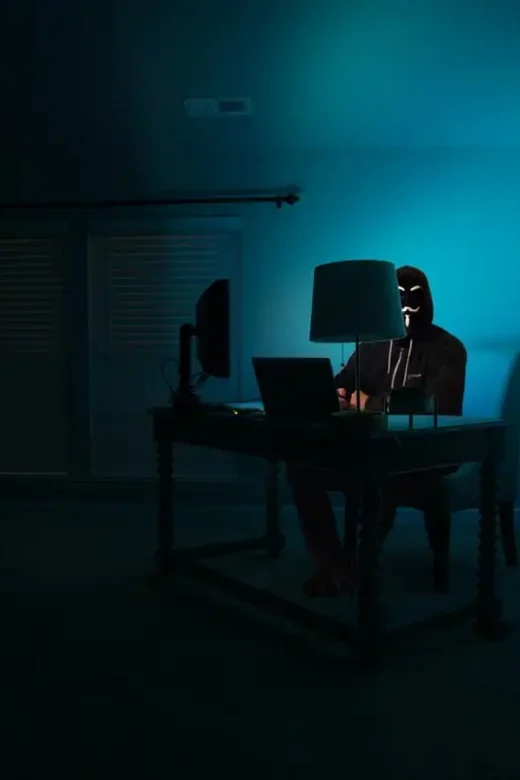 a man at a computer disguised as an anonymous wearing a mask working on dark web drug sales