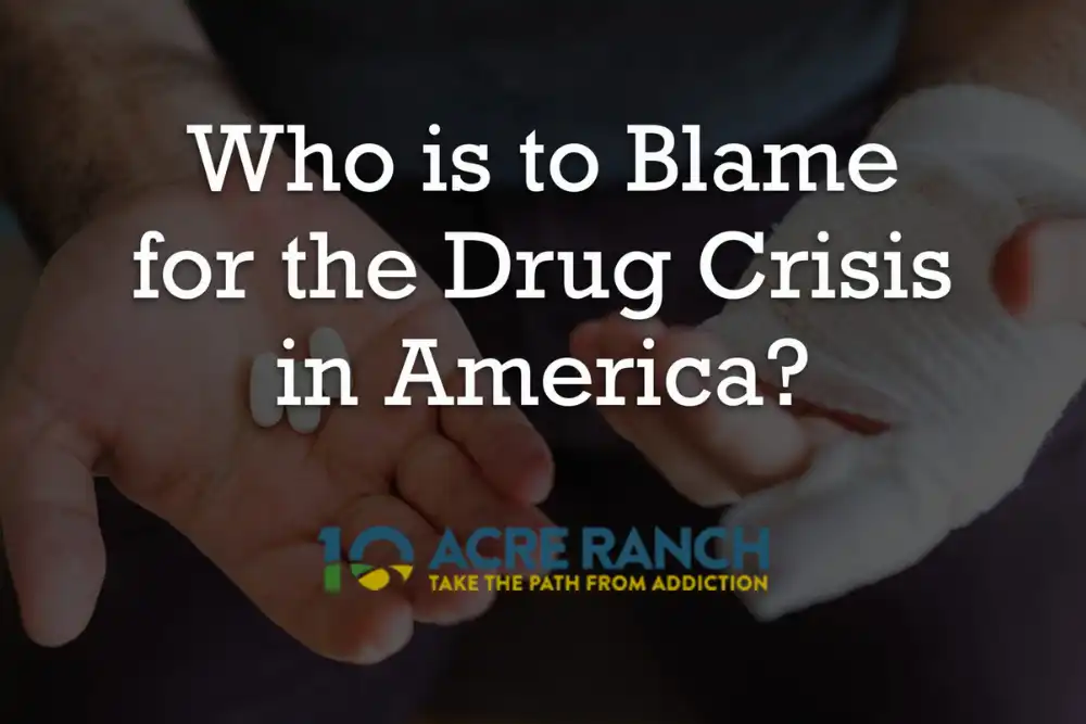 Who is to Blame for the Drug Crisis blog title on a hand with pills background
