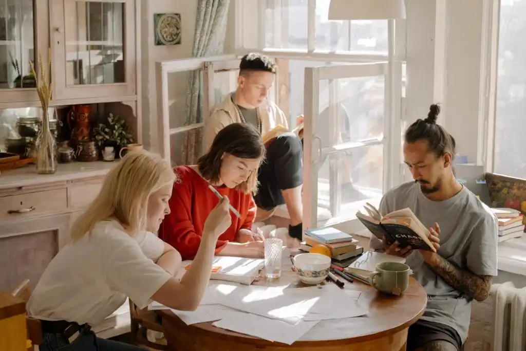 college students studying inside a room