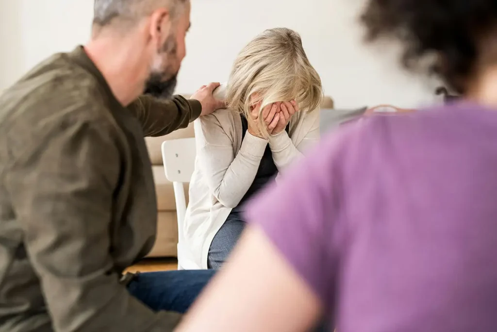 a woman with ptsd crying during PTSD treatment in Los Angeles California