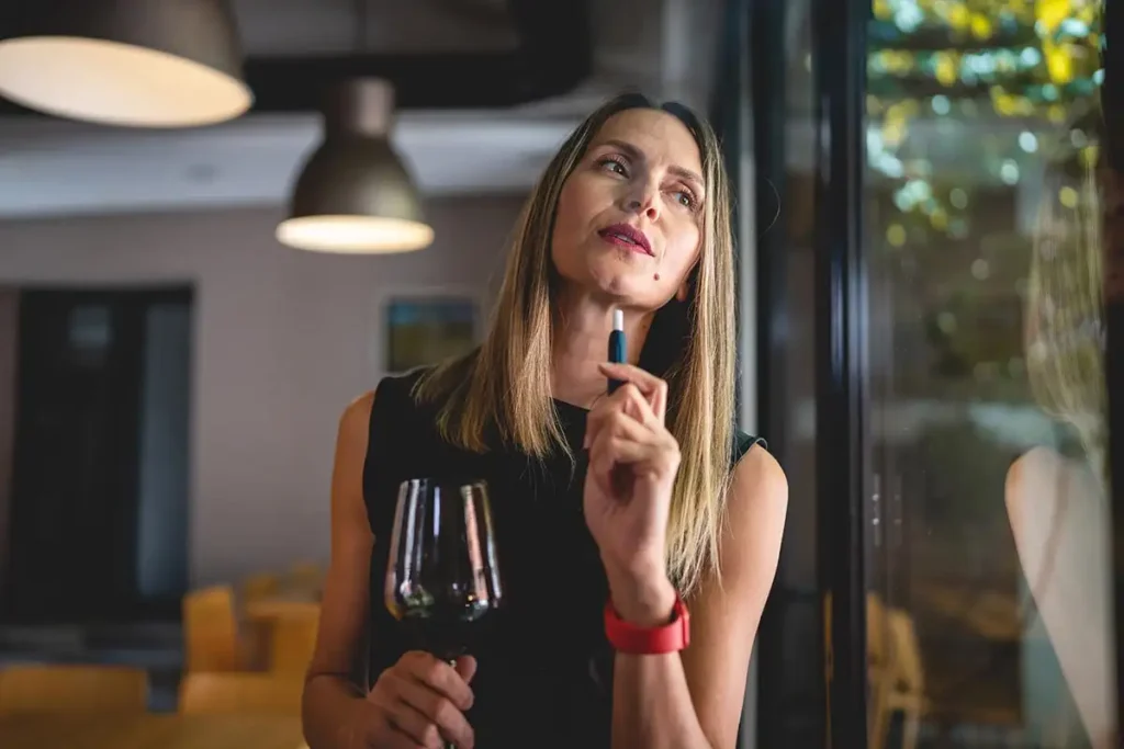 one woman with glass of red wine and electronic cigarette device