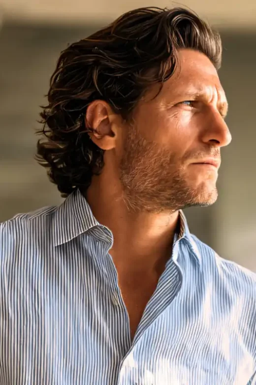 A man with curly brown hair, wearing a light-colored striped shirt and beige pants, stands with his hands in his pockets, looking thoughtfully out a window.