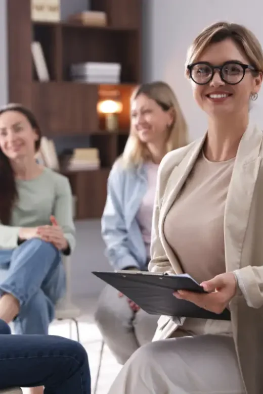 Professional Psychologist with Clipboard at Group Psychotherapy