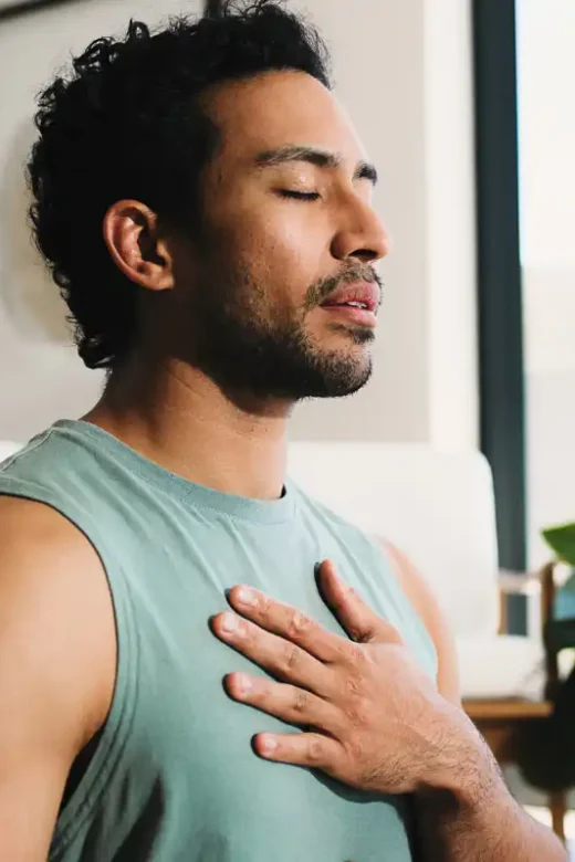 Meditation, Calm Man or Home for Breathing Routine