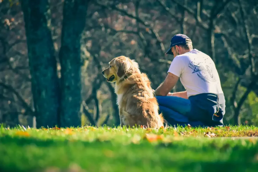 Man on hunkers sitting near purebred dog