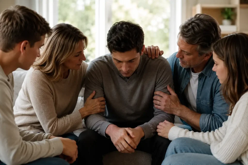 Family supporting a loved one during addiction recovery with compassion and encouragement in a comfortable home setting