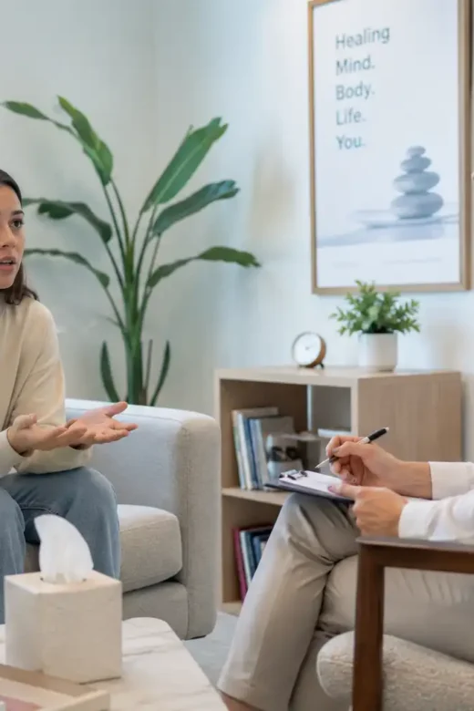 Female client in a dual diagnosis counseling session with a psychologist at a bright rehab clinic.