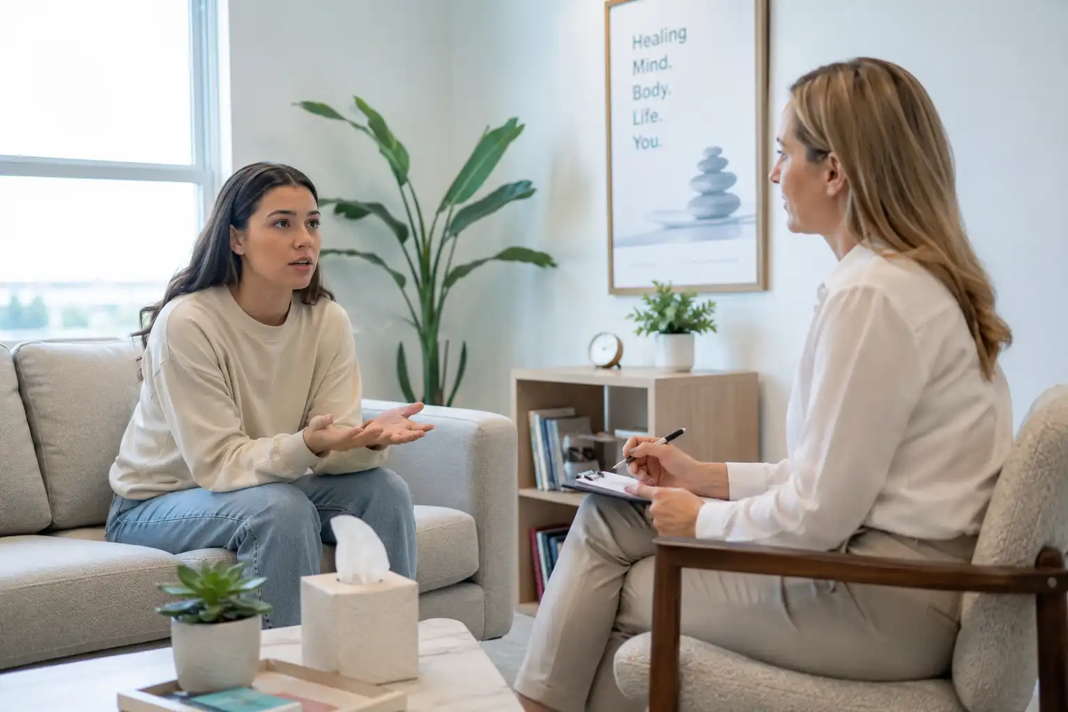 Female client in a dual diagnosis counseling session with a psychologist at a bright rehab clinic.