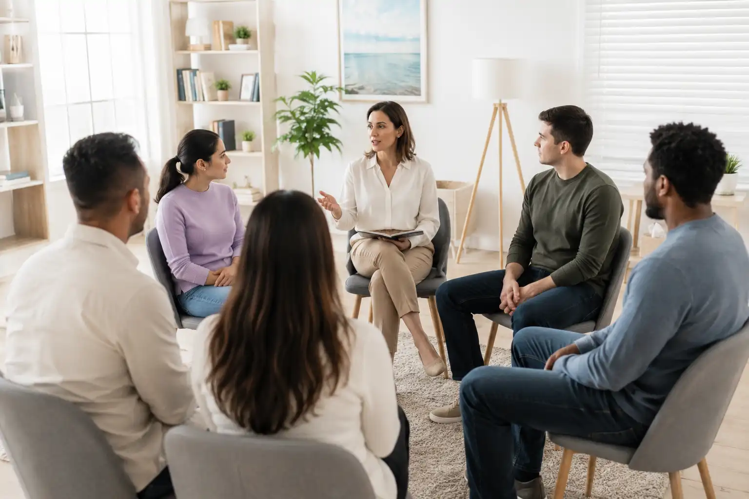 Group therapy session for addiction and PTSD recovery in a bright, welcoming treatment clinic