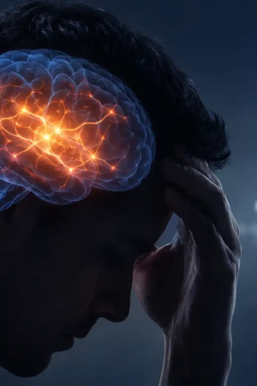 Illustration showing how opioid addiction changes the brain with highlighted neural activity and prescription opioids in the background