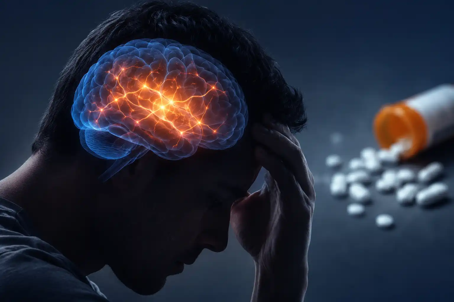 Illustration showing how opioid addiction changes the brain with highlighted neural activity and prescription opioids in the background