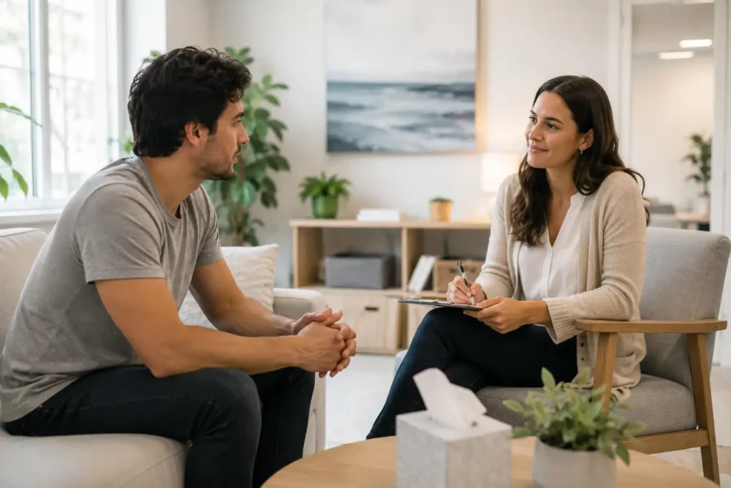 Male client meeting with a female psychologist during an individual counseling session in a bright and welcoming drug and alcohol rehab clinic