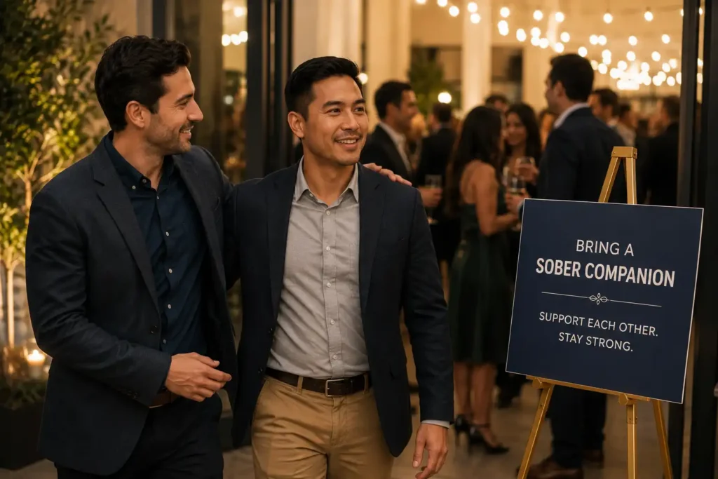 Man attending a social event with a sober companion for accountability and relapse prevention during addiction recovery.