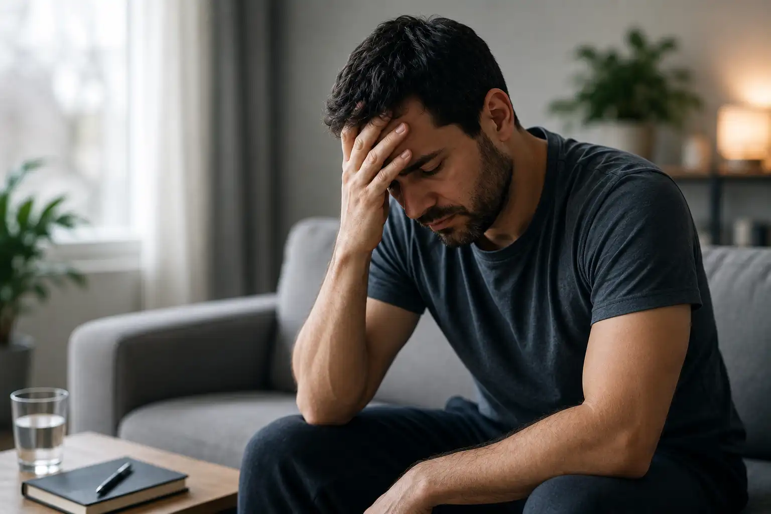 Man experiencing heroin withdrawal symptoms while sitting in a calm, modern addiction treatment center during recovery