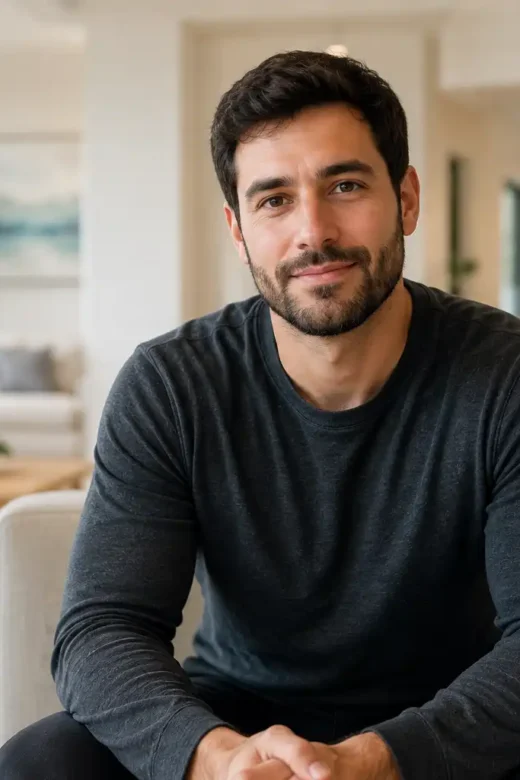 Man facing the camera in a bright, modern rehab center, symbolizing hope and recovery from the long-term effects of opioid addiction.