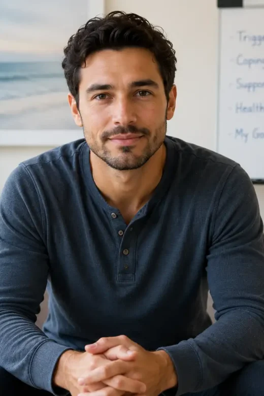 Man seated in a modern addiction counseling room looking directly at the camera, representing relapse prevention planning and ongoing recovery support.