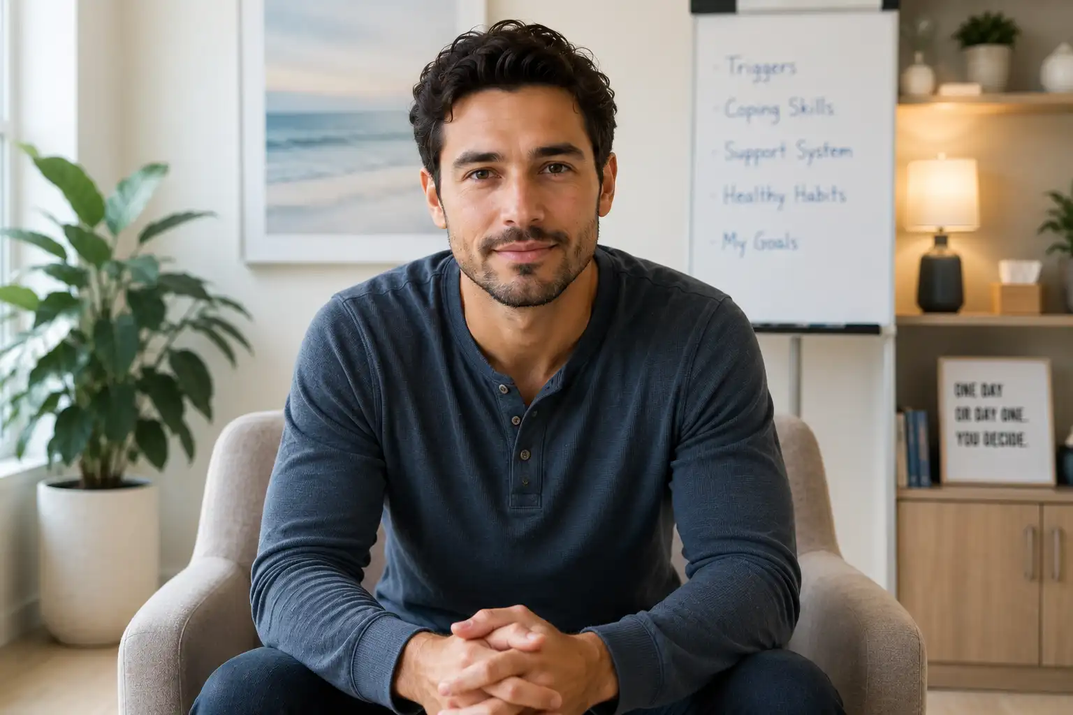 Man seated in a modern addiction counseling room looking directly at the camera, representing relapse prevention planning and ongoing recovery support.