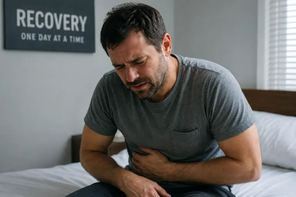 Man seated indoors during heroin detox, illustrating the physical and emotional challenges of opioid withdrawal