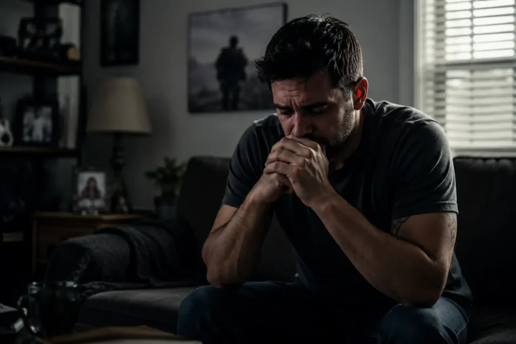 Man sitting alone in his living room showing signs of PTSD, anxiety, and emotional distress