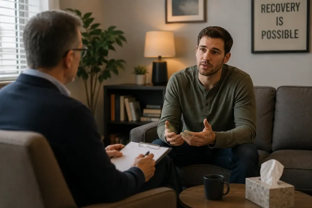 Man speaking with a psychologist during a one-on-one therapy session for addiction recovery