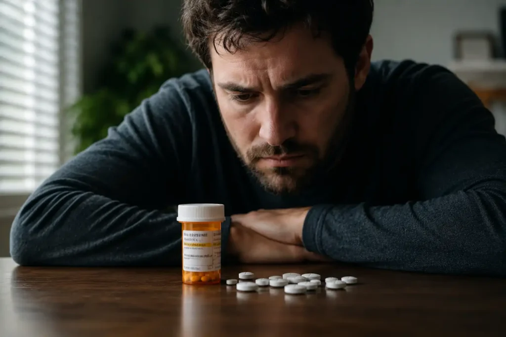 Man staring at prescription opioid pills on a table, illustrating opioid tolerance and growing dependence