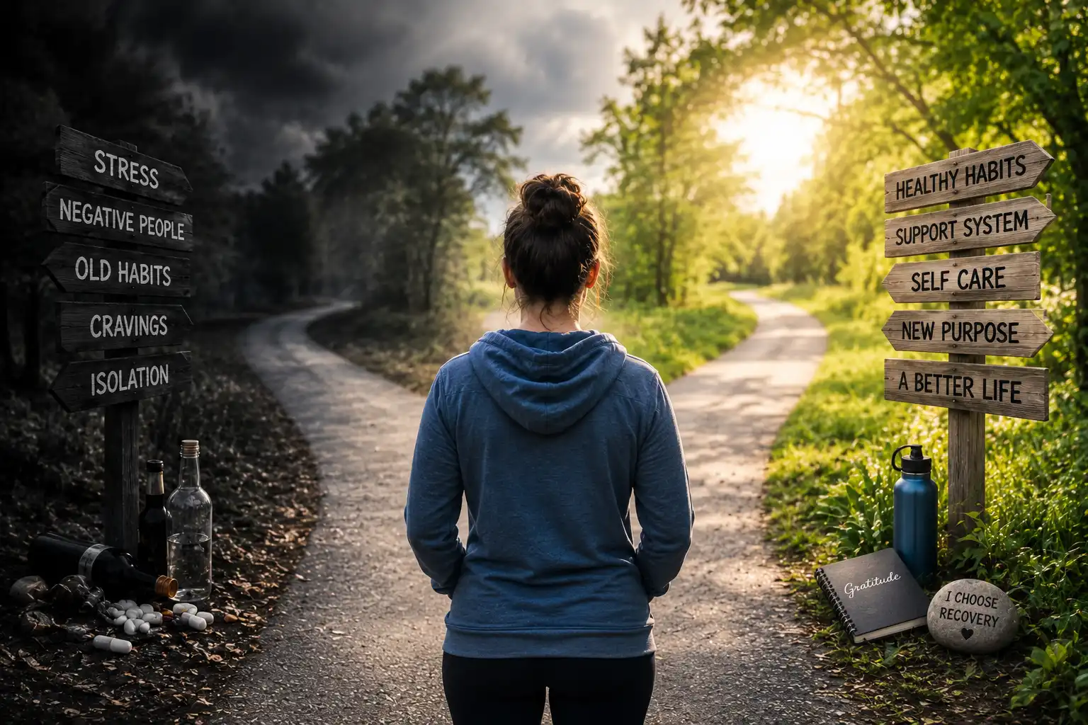 Person choosing the path of recovery over addiction, symbolizing relapse prevention and long-term sobriety
