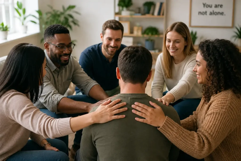 Support group members encouraging a person in recovery during a group therapy session, highlighting the importance of a strong support network for lasting sobriety