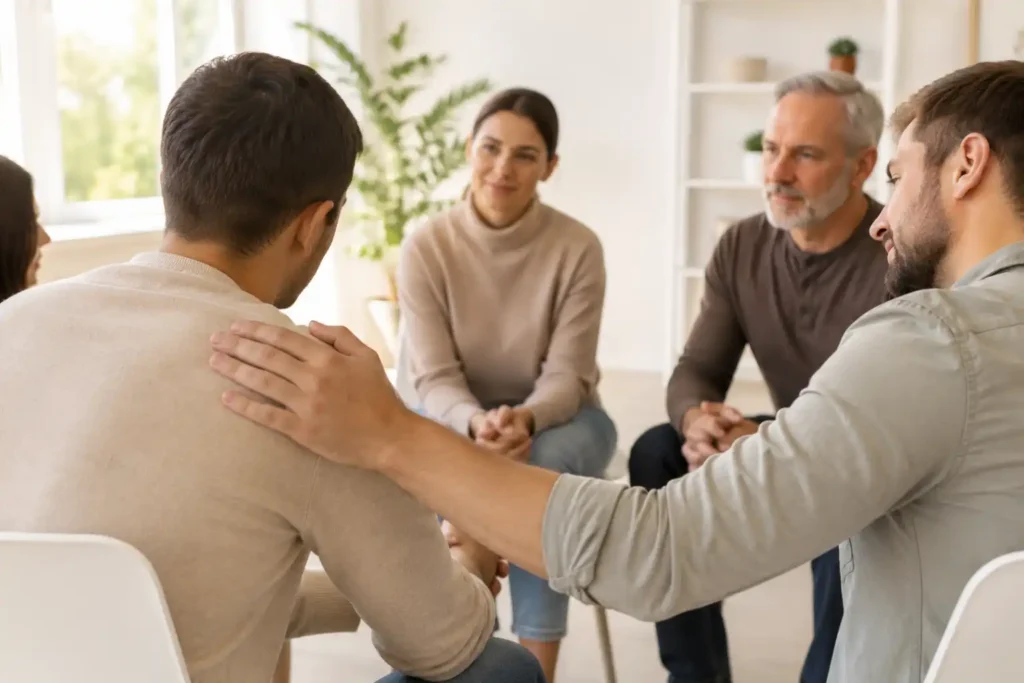 Support group members encouraging accountability during addiction recovery in a bright therapy room