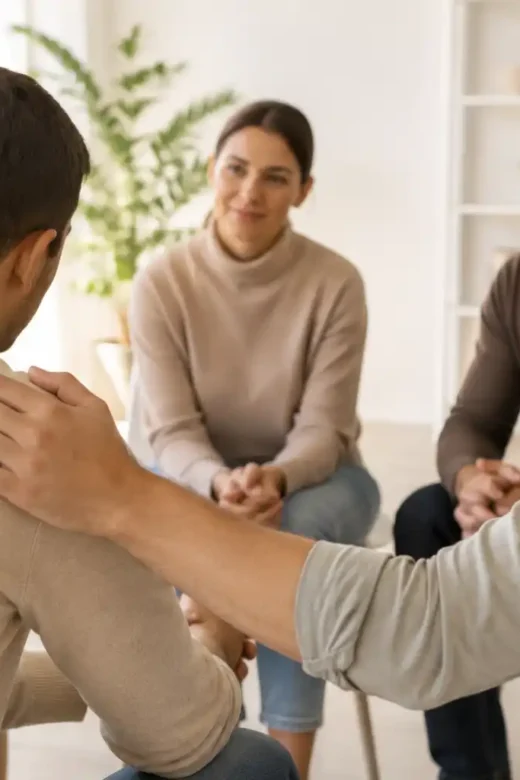 Support group members encouraging accountability during addiction recovery in a bright therapy room