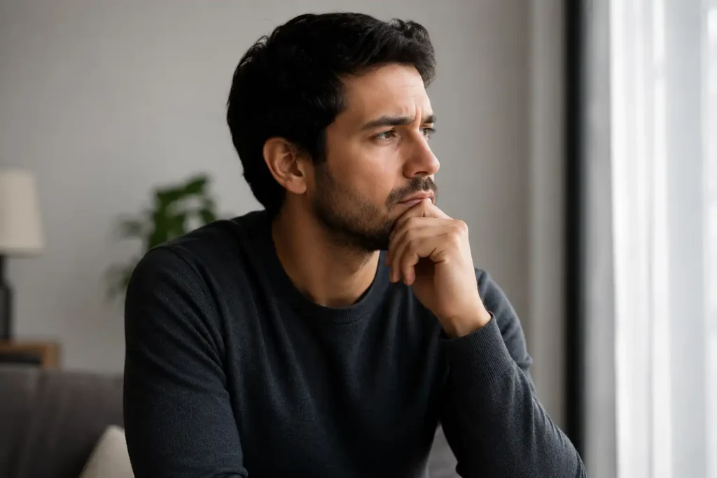 Thoughtful man sitting quietly while reflecting on his emotions during addiction recovery