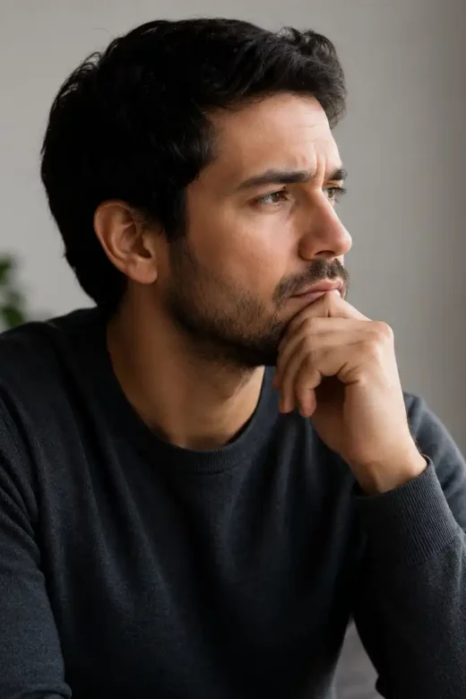 Thoughtful man sitting quietly while reflecting on his emotions during addiction recovery