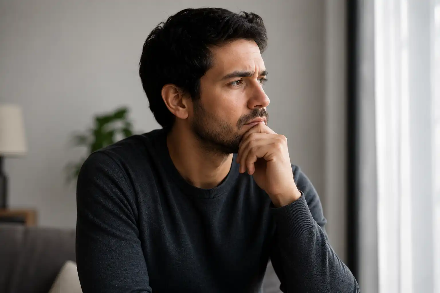 Thoughtful man sitting quietly while reflecting on his emotions during addiction recovery