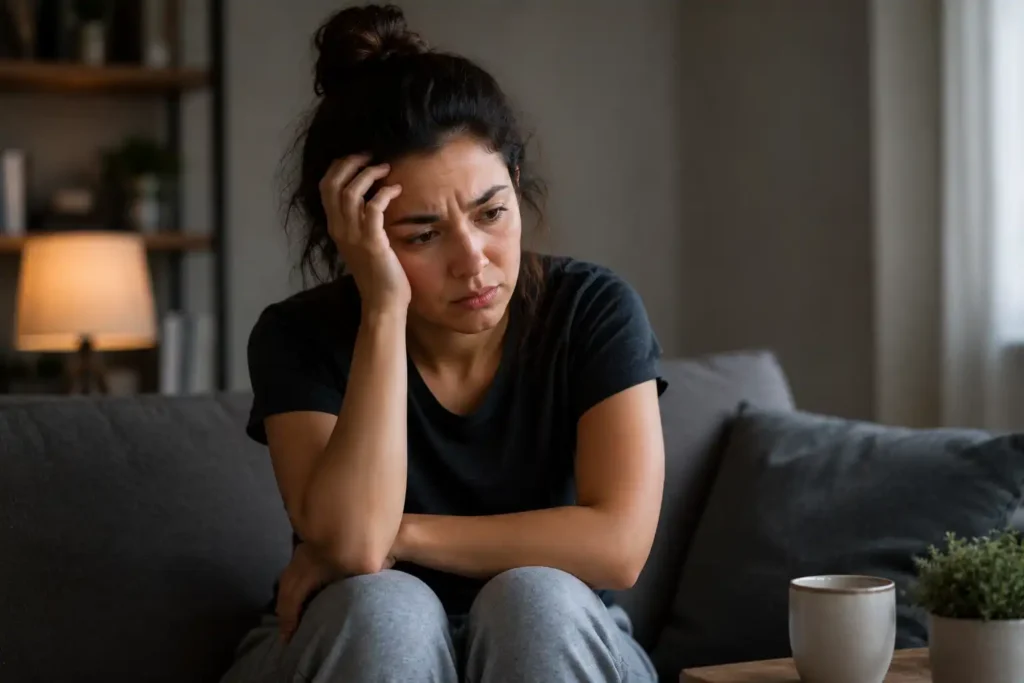 Woman sitting alone in deep thought showing emotional distress during addiction recovery