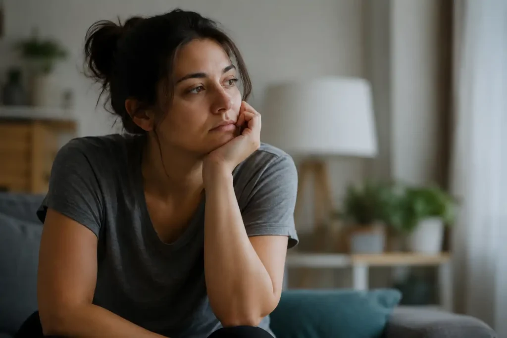 Woman with a distant, clouded expression sitting alone, representing how opioid addiction affects memory and learning