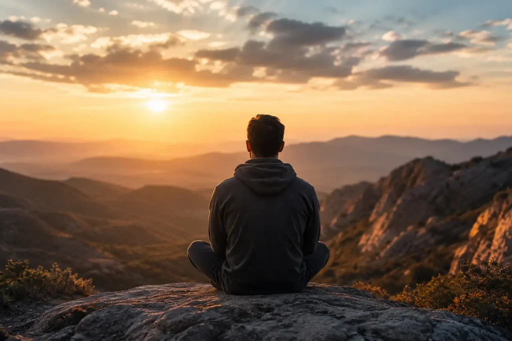 a man sitting on mountain top watching the sunset