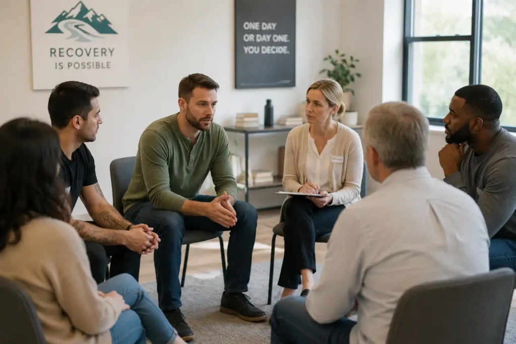 a supportive group therapy session in a bright rehabilitation center, with participants listening attentively and sharing in a welcoming environment