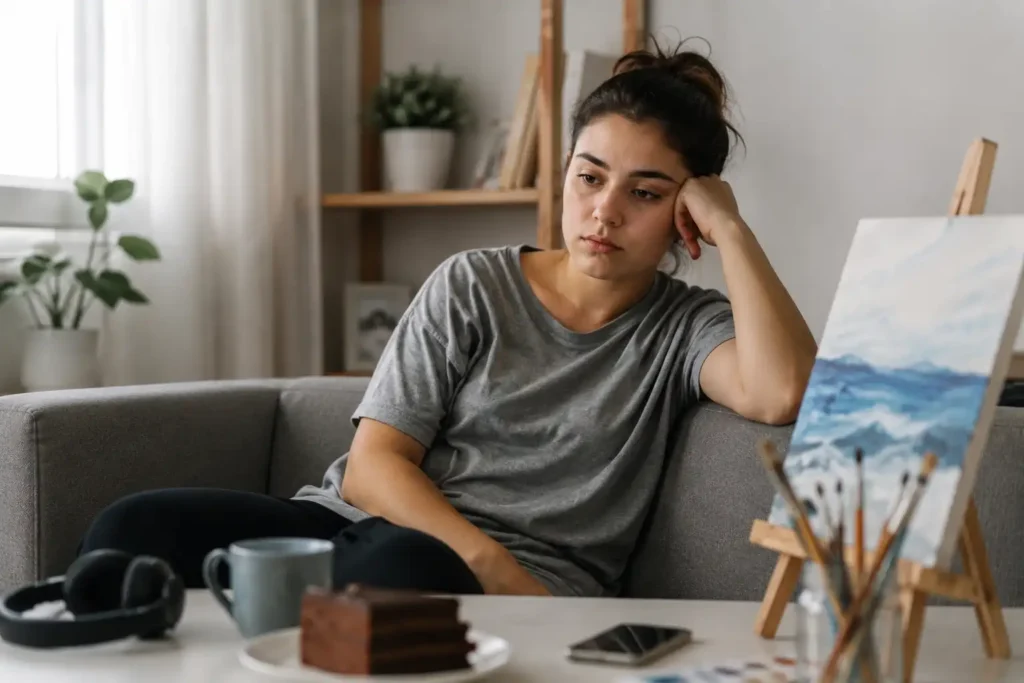 a woman sitting quietly beside abandoned hobbies, conveying a loss of interest in activities through subtle body language and a calm, muted setting.