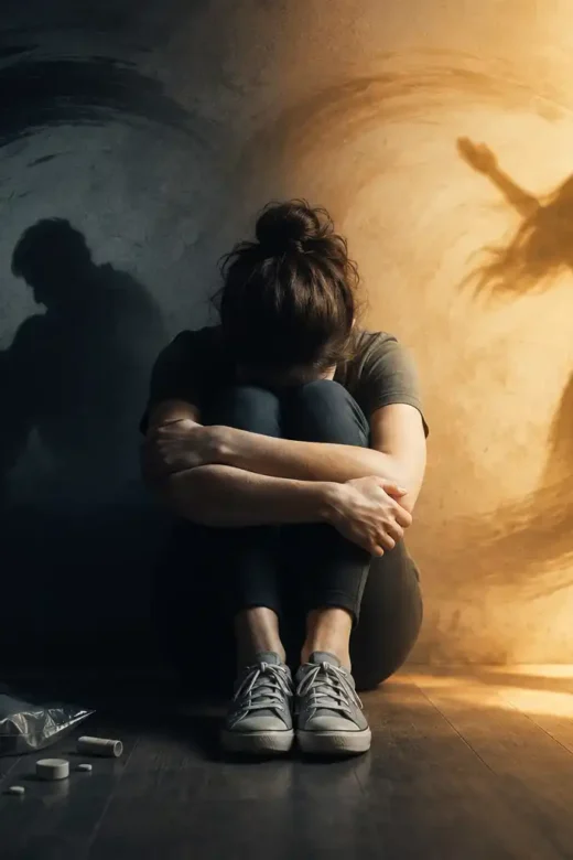 Depression and substance abuse illustration showing a person struggling with addiction while moving toward hope and recovery through professional treatment.