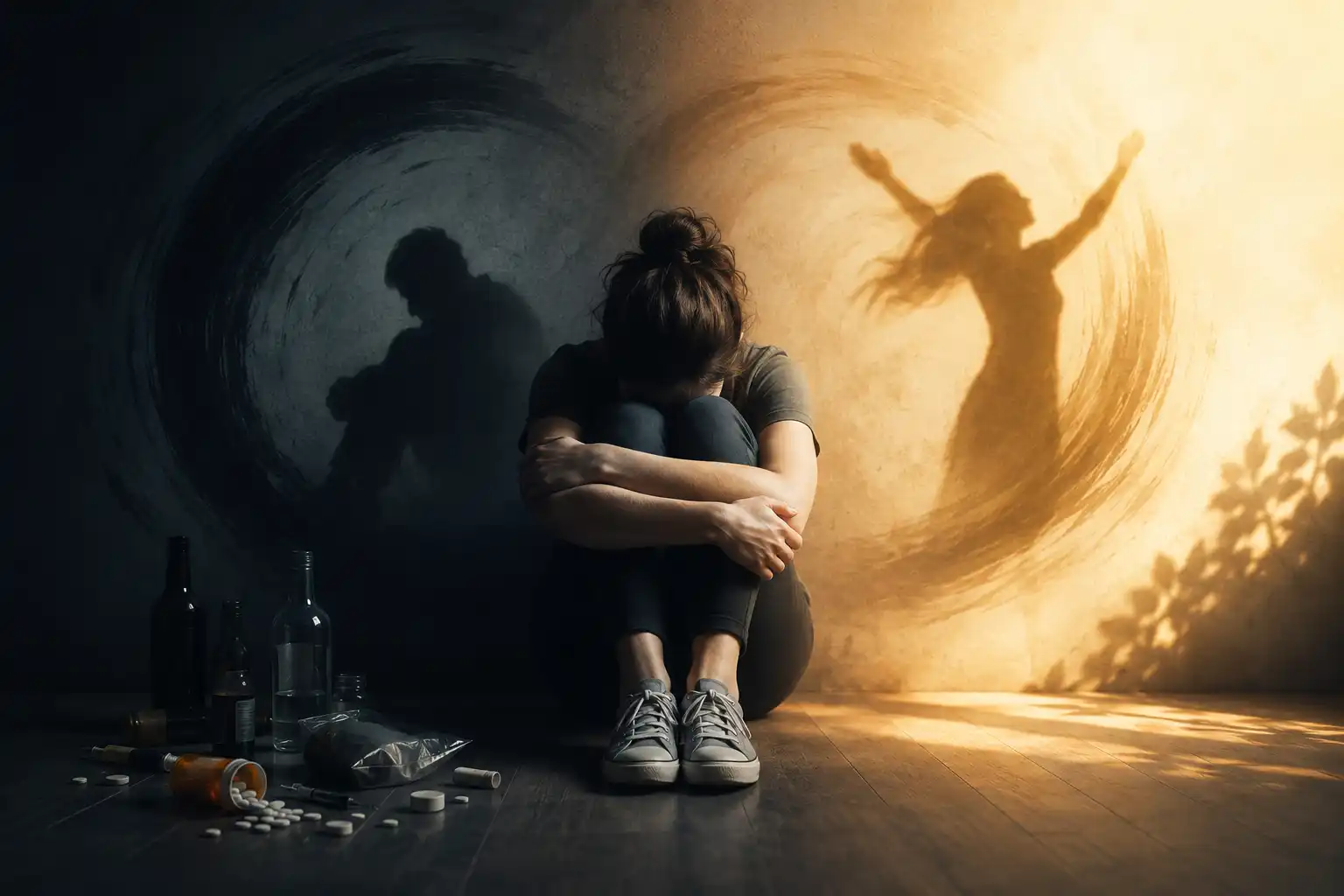 Depression and substance abuse illustration showing a person struggling with addiction while moving toward hope and recovery through professional treatment.