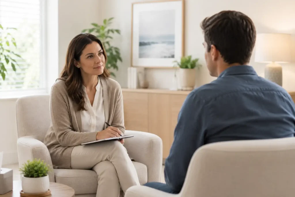 male client in a dual diagnosis counseling session with a psychologist at a bright rehab clinic.