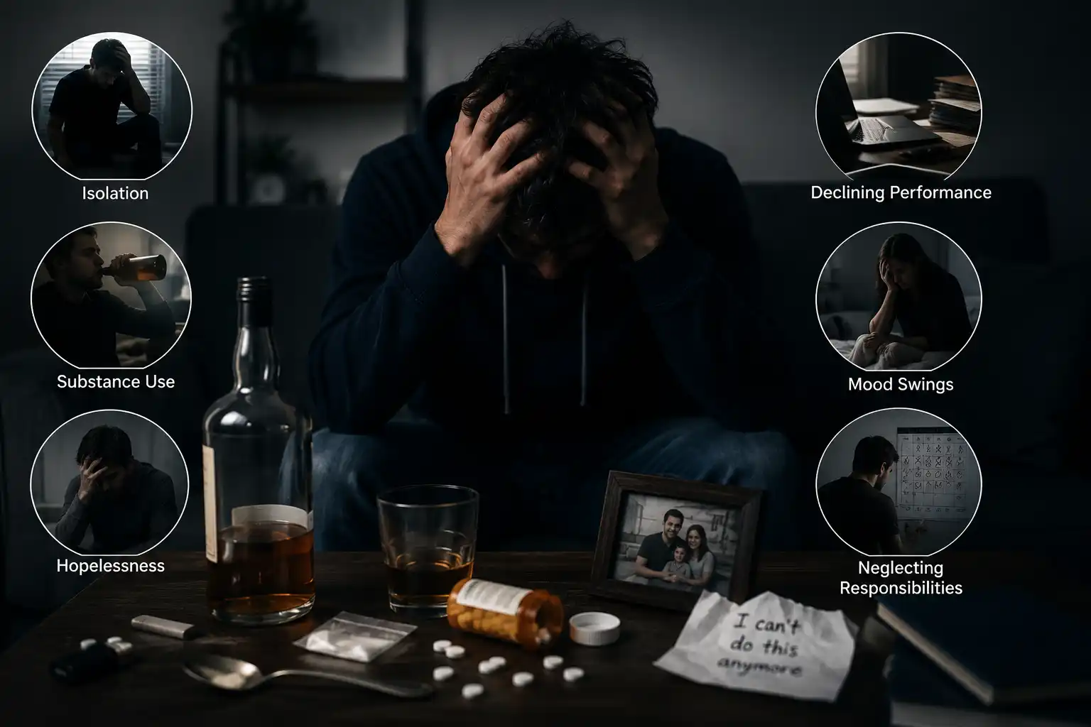Man showing warning signs of co-occurring depression and substance abuse, including emotional distress, alcohol use, and social isolation.