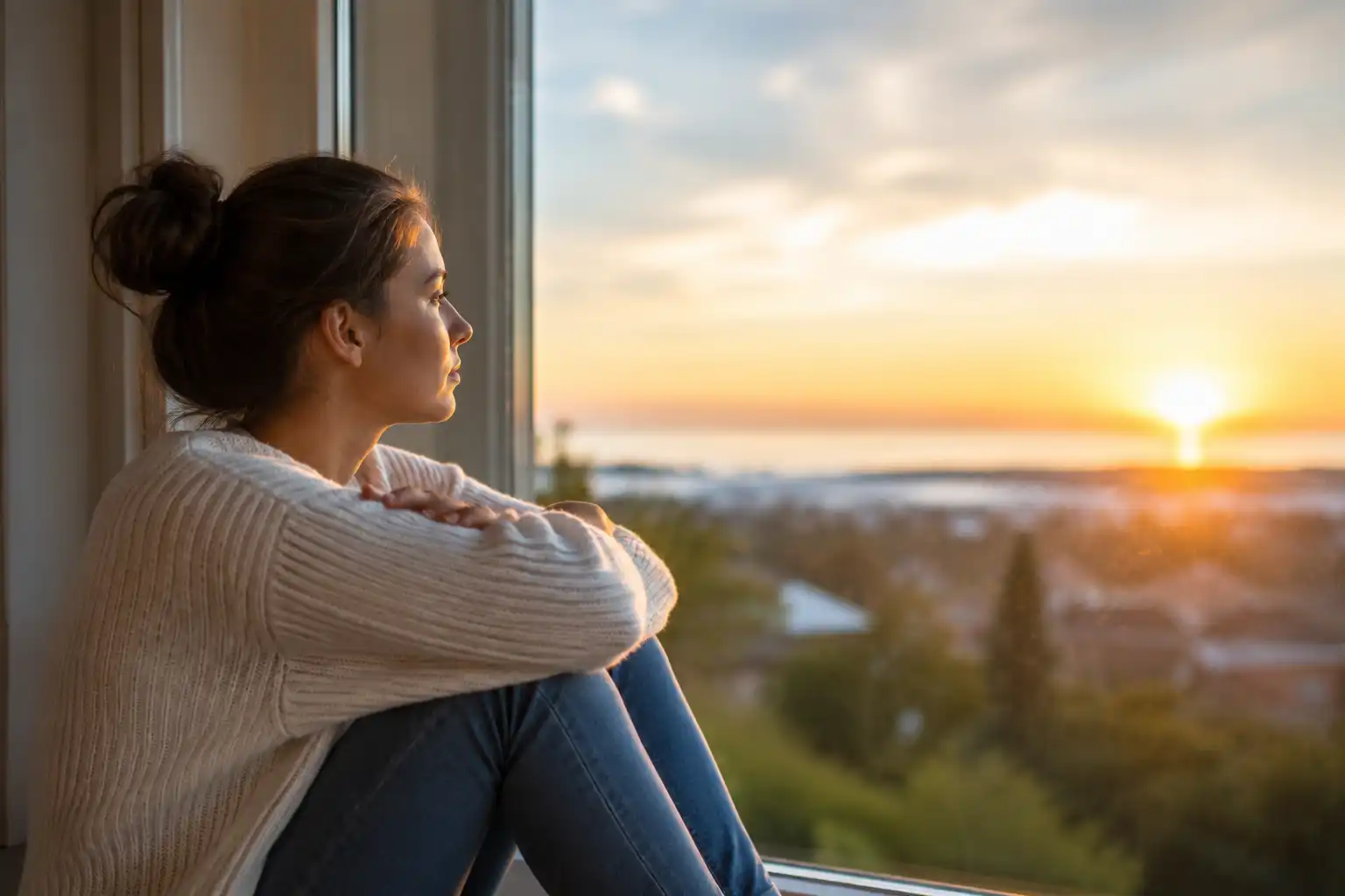 woman looking out a window during addiction recovery, representing the gradual healing of mental health after achieving sobriety