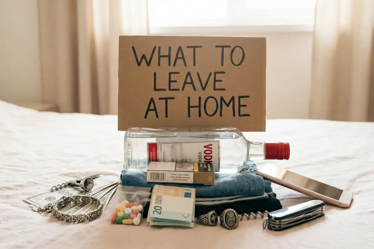 A cardboard sign with hand-drawn letters reading "WHAT TO LEAVE AT HOME" is displayed.