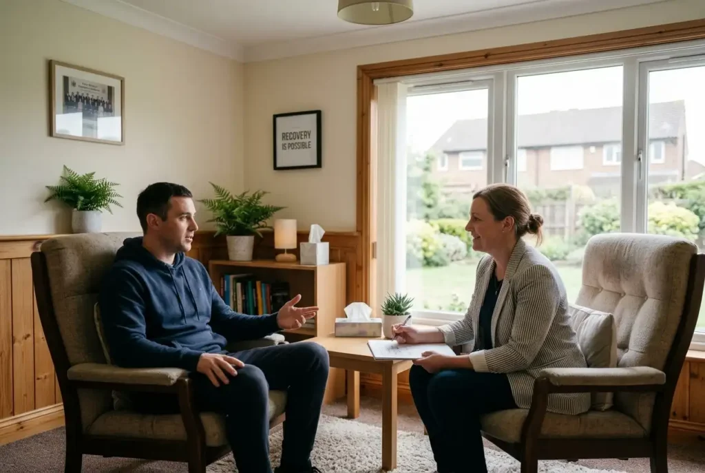 A male patient and female counselor during a one-on-one addiction counseling session in a warm, comfortable room