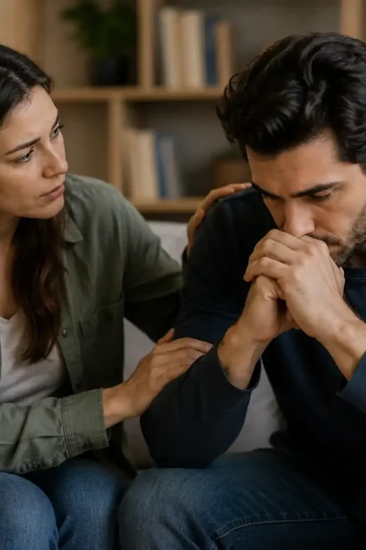 A woman offering emotional support to a distressed man during a caring conversation at home