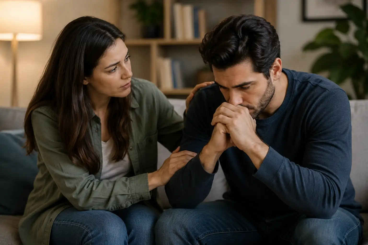 A woman offering emotional support to a distressed man during a caring conversation at home